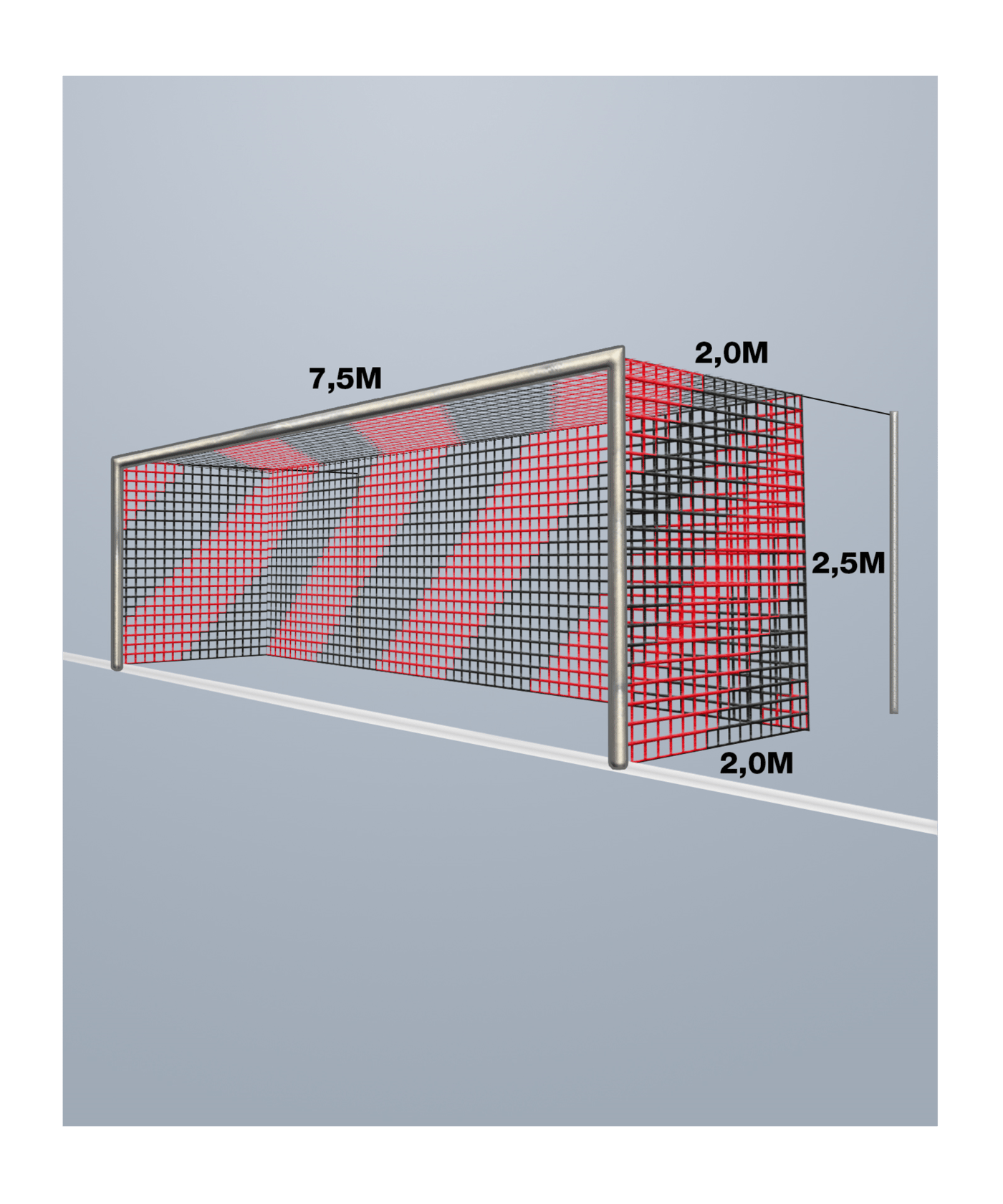Cawila Tornetz 7,50x2,50m | Tiefe 2,0x2,0m | | Maschenweite 12cm | Stärke 4mm | rot/schwarz - rot