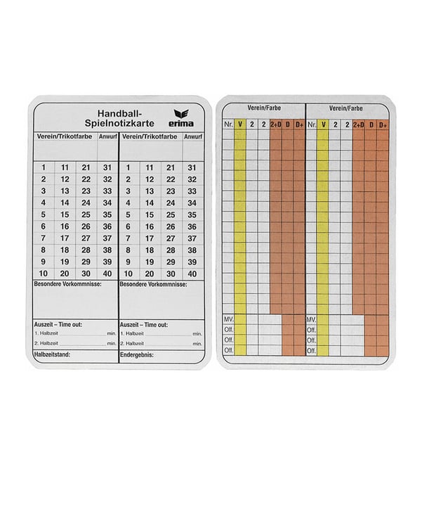 Erima Spielnotizkarten Handball 50 Stück - weiss