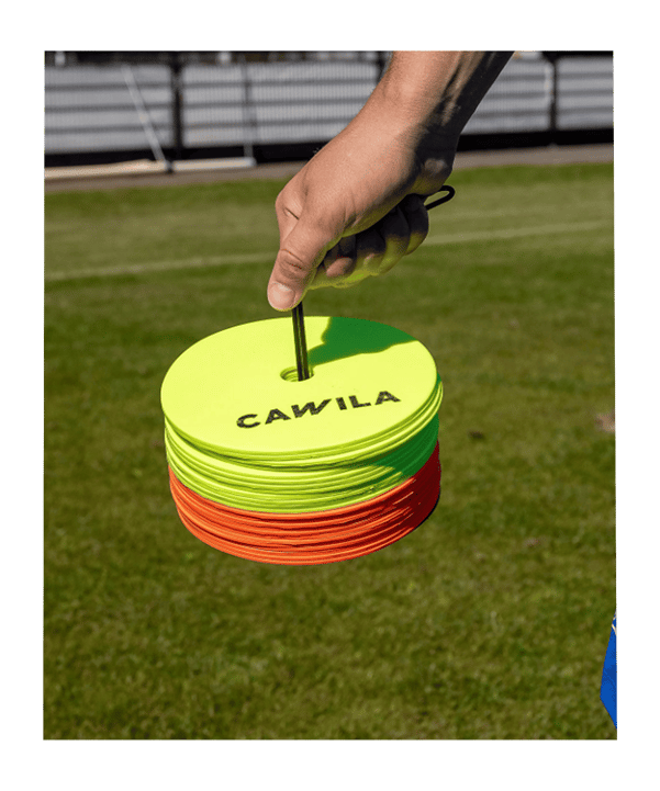 Cawila Floormarker 24er Set inkl. Halter | Markierungsscheiben, 12 x gelb und 12 x orange - gelb