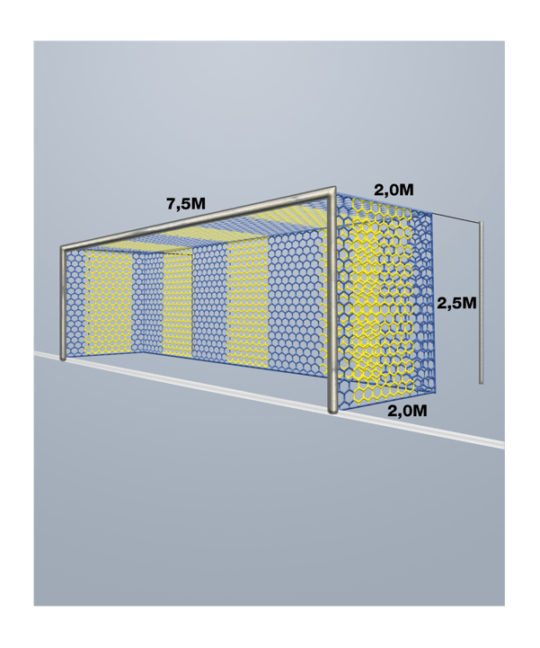Cawila Tornetz HEXA 7,50x2,50m | Tiefe 2,0x2,0m | Maschenweite 12cm | Stärke 4mm | blau/gelb - blau